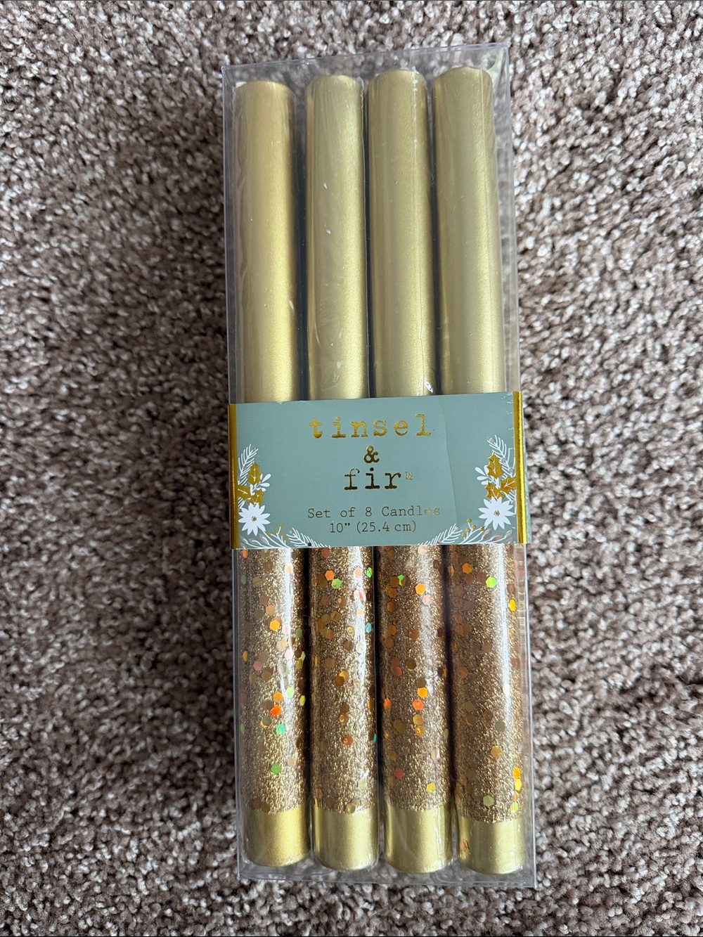 Tinsel & Fir Gold Glitter Taper Candles - Set of 8